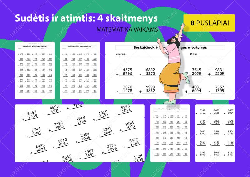 Sudėtis ir atimtis: 4 skaitmenys